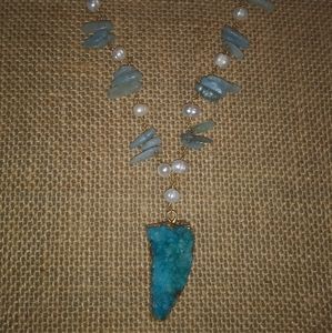 Aquamarine and pearl sterling & drusy pendant